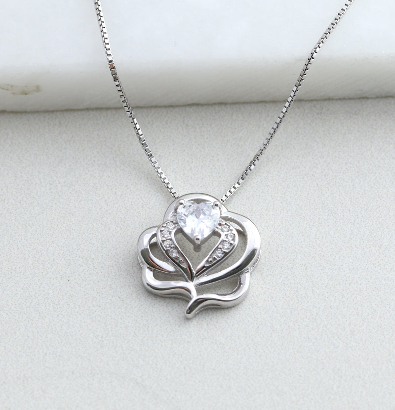 Rose Flower Necklace with Heart Shaped Diamond CZ