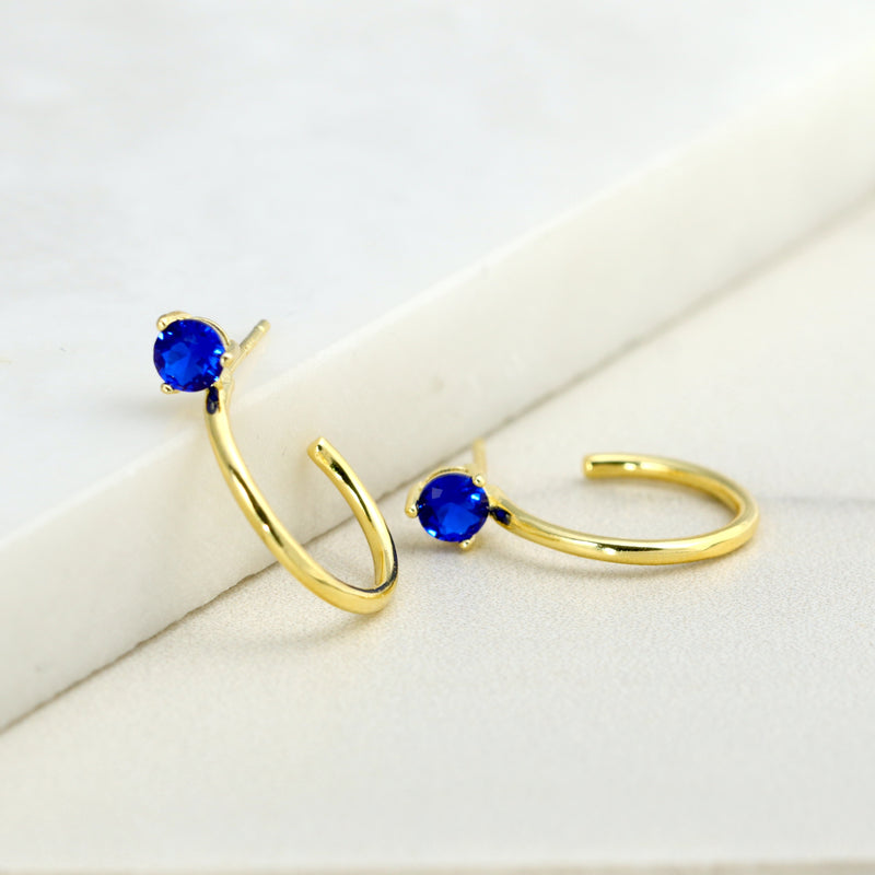 Sapphire Blue Open Hoop Earrings Sterling Silver Gold Huggies