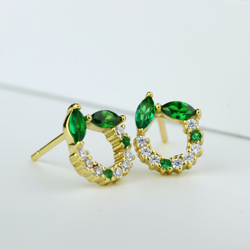 Dainty Green Stud Earring Marquise Cut Emerald Green Gold Studs May Birthstone Stud